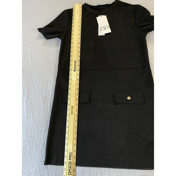 NWT Zara Sz S Faux Suede Black Shift Dress Short Slv Gold Buttons - Picture 12 of 12